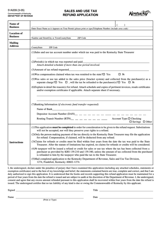 Form 51a209 - Sales And Use Tax Refund Application Printable pdf