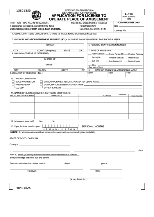 Form L-514 - Application For License To Operate Place Of Amusement Printable pdf