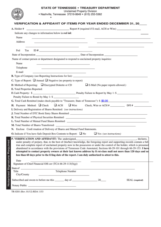 Fillable Form Tr-0201 - Verification & Affidavit Of Items - 2012 Printable pdf