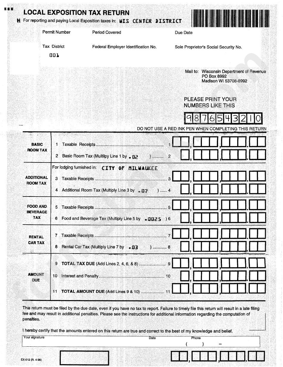 Local Exposition Tax Return Form - Wisconsin Department Of Revenue