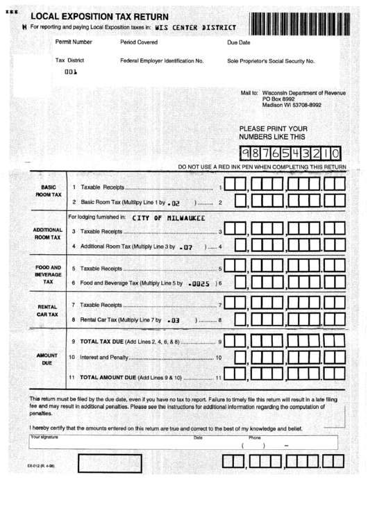 Local Exposition Tax Return Form - Wisconsin Department Of Revenue Printable pdf