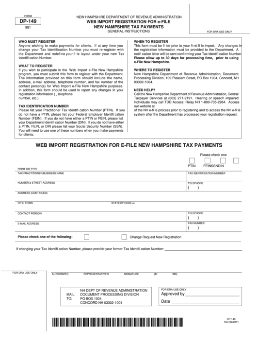 Fillable Form Dp-149 - Web Import Registration For E-File Tax Payments - 2011 Printable pdf