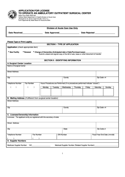 Fillable State Form 9340 - Application For License To Operate An Ambulatory Outpatient Surgical Center Printable pdf