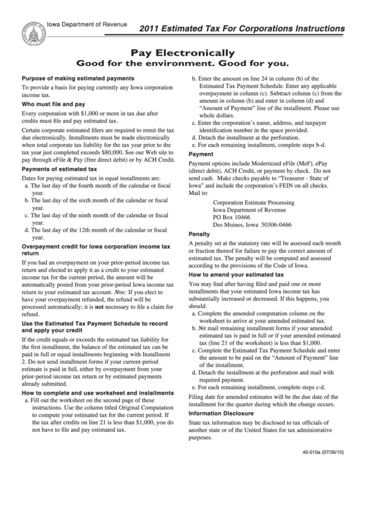 Form 45-010 - Corporation Estimated Income Worksheet - 2011 Printable pdf
