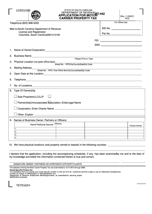 Form Pt-442 - Application For Motor 7070 Carrier Property Tax - 2007 Printable pdf
