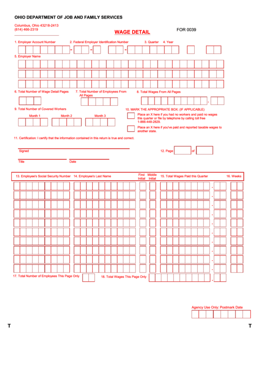 Fillable Form 0039 - Wage Detail Printable pdf
