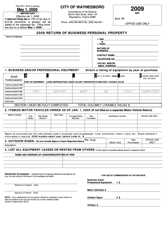 Form Cr-1 - Return Of Business Personal Property - Waynesboro Commissioner Of The Revenue - 2009 Printable pdf
