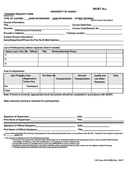 Uh Form 410 - Training Request Form