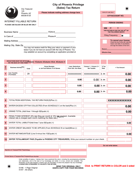Fillable Privilege(Sales) Tax Return Form - City Of Phoenix Printable pdf