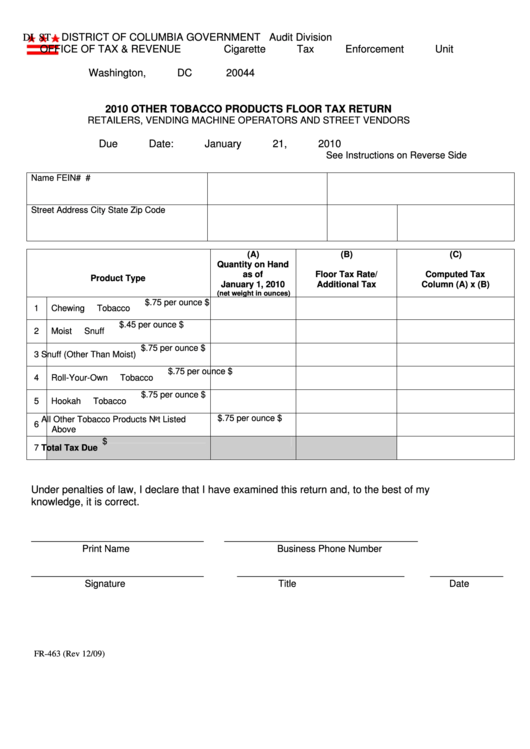 Form Fr-463 - Other Tobacco Products Floor Tax Return - 2010 Printable pdf
