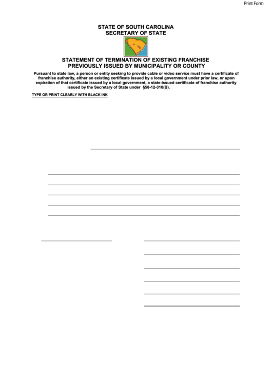 Fillable Statement Of Termination Of Existing Franchise Previously Issued By Municipality Or County - 2010 Printable pdf