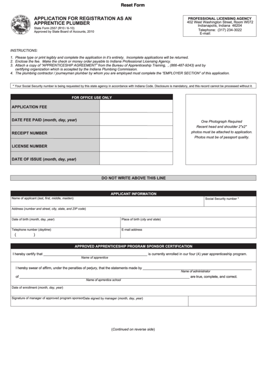 Fillable State Form 2557 - Application For Registration As An Apprentice Plumber Printable pdf