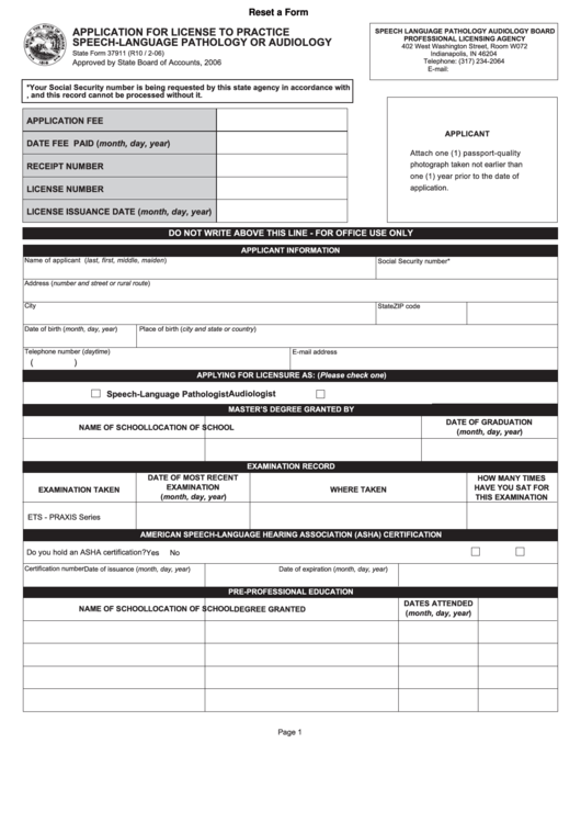 Fillable State Form 37911 - Application For Liccense To Practice Speech-Language Pathology Or Audiology Printable pdf