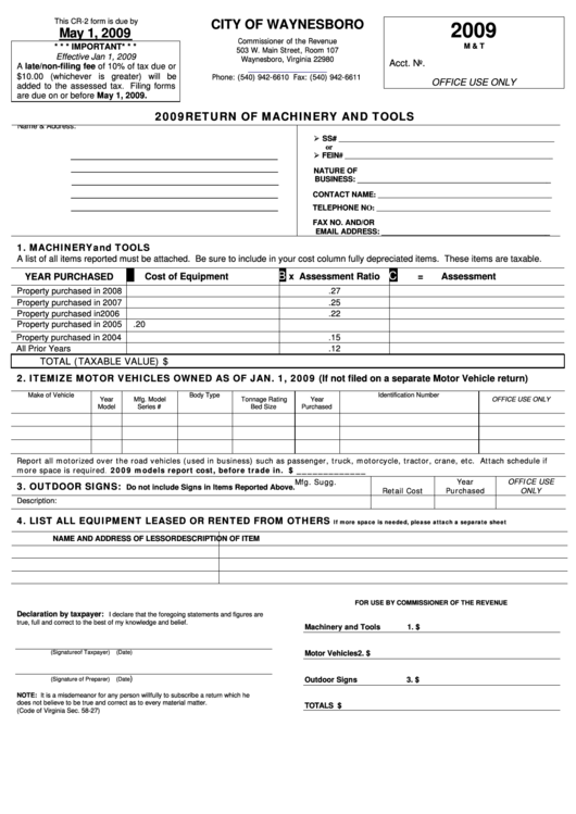 Form Cr-2 - Return Of Machinery And Tools - 2009 Printable pdf