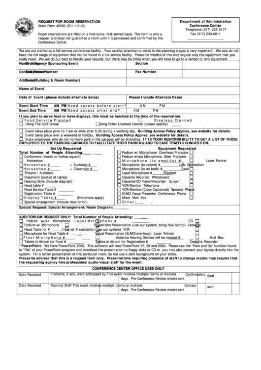 State Form 45292- Request For Room Reservation Printable pdf