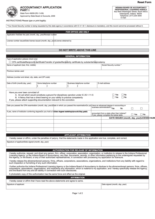Fillable State Form 49209 - Accountancy Application - Part I Printable pdf