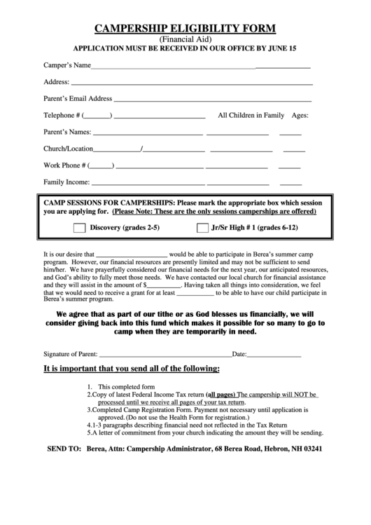 Campership Eligibility Form Printable pdf