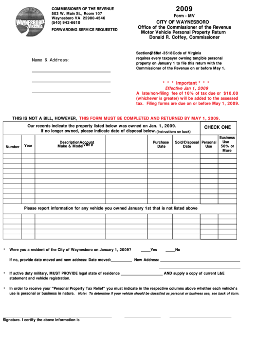 Form - Mv - Motor Vehicle Personal Property Return - 2009 Printable pdf