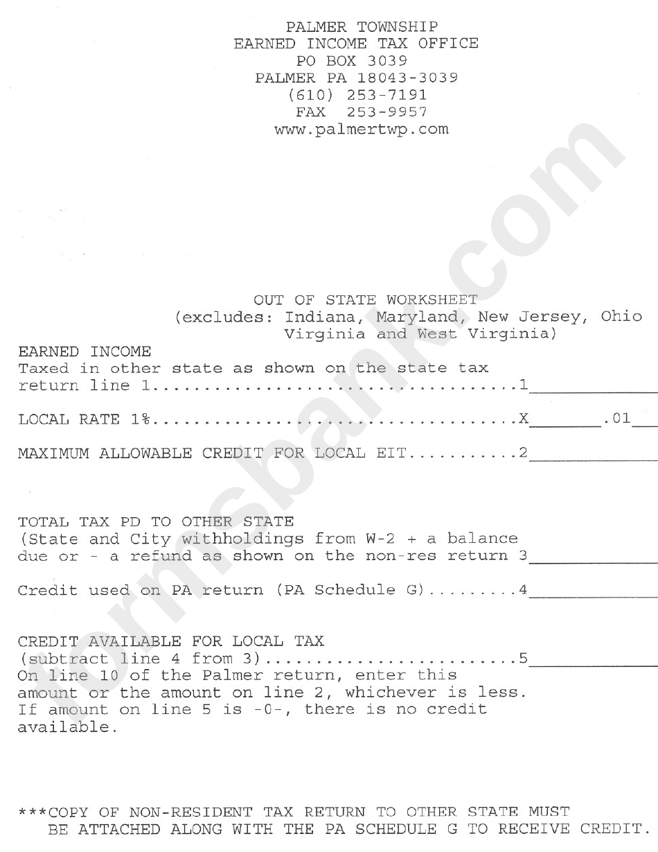 Out Of State Worksheet Palmer Township Earned Tax Office