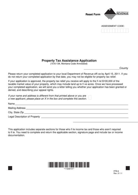 Fillable Form Ppb-8 - Property Tax Assistance Application - 2011 Printable pdf