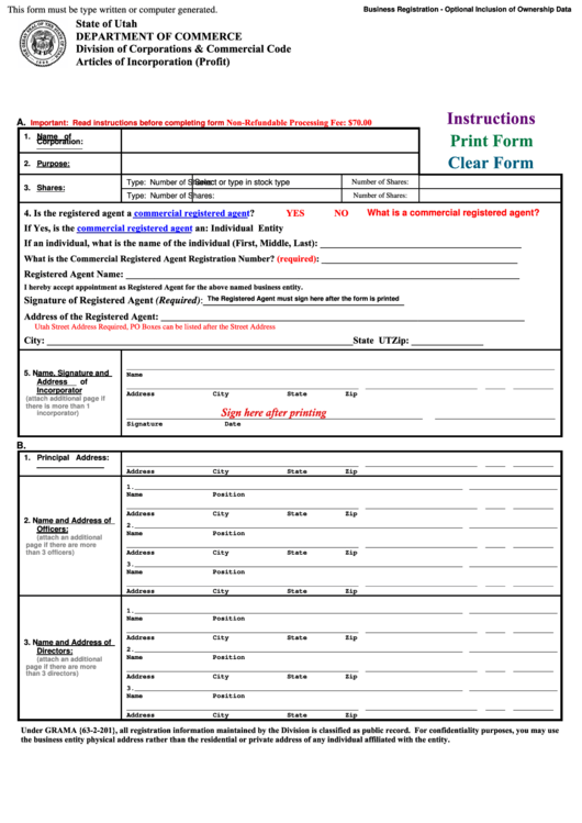 Fillable Articles Of Incorporation (Profit) Form Printable pdf