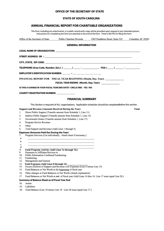 Fillable Annual Financial Report For Charitable Organizations Form Printable pdf