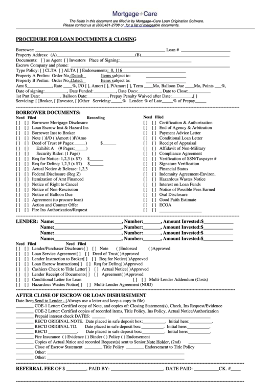Procedure For Loan Documents & Closing Form Printable pdf
