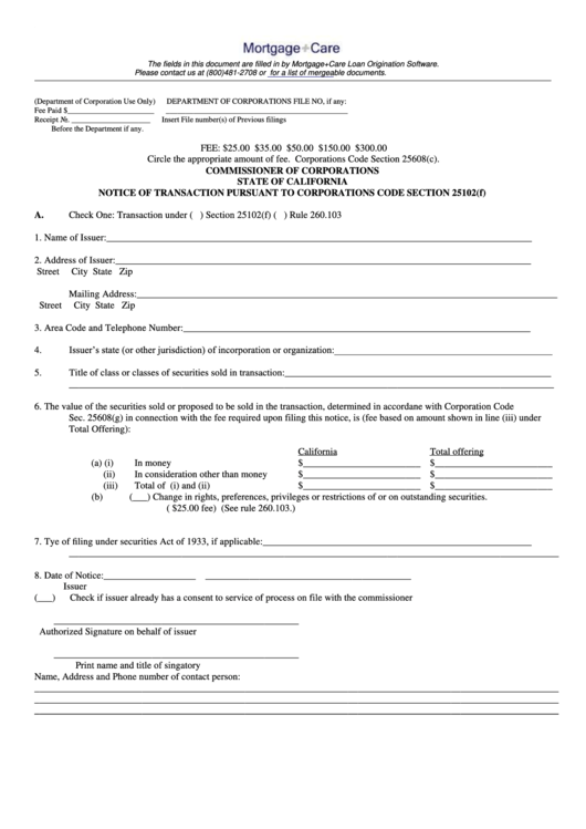Notice Of Transaction Pursuant To Corporations Code Section 25102(F) Form - State Of California - Commissioner Of Corporations Printable pdf