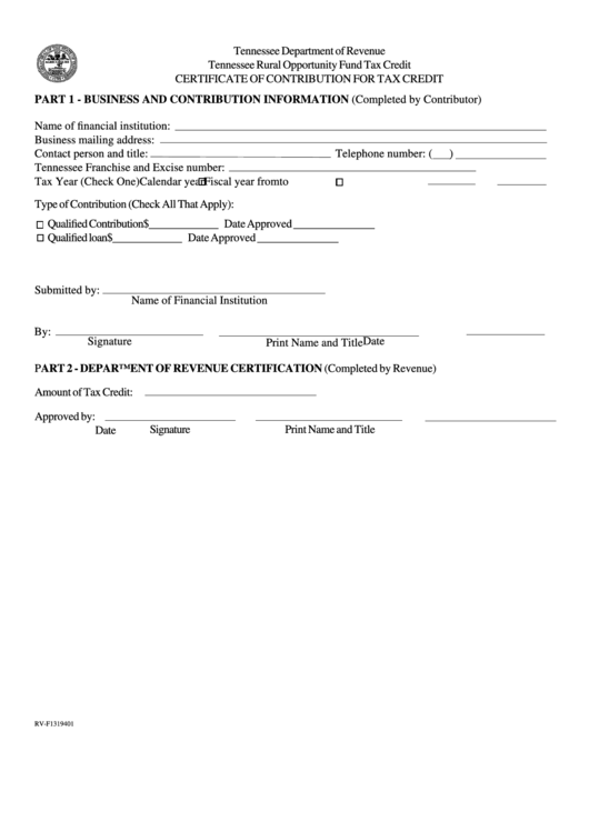 Form Rv-F1319401 - Tennessee Rural Opportunity Fund Tax Credit Certificate Of Contribution For Tax Credit Printable pdf