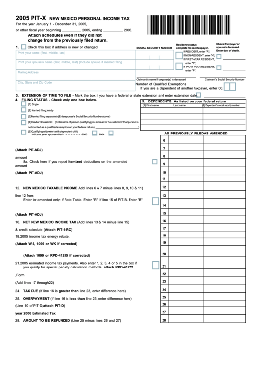 Form Pit-X - New Mexico Personal Income Tax - 2005 Printable pdf