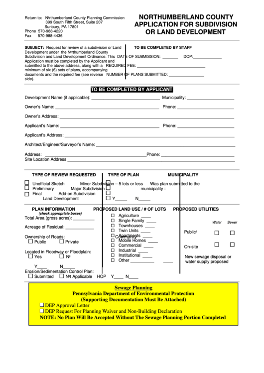 Application For Subdivision Or Land Development - Northumberland County Printable pdf