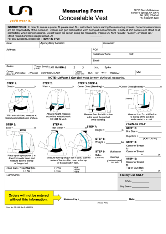 Fillable Form Cs-1008 -Measuring Form - Concealable Vest Printable pdf
