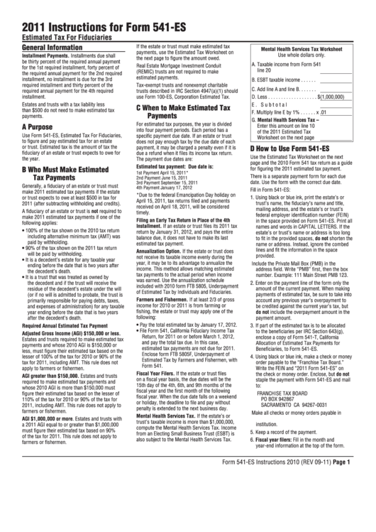 Fillable California Form 541-Es - Estimated Tax For Fiduciaries - 2011 Printable pdf