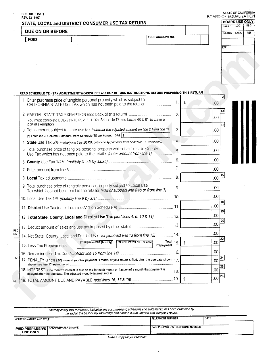 Form Boe-401-E - State,local And District Consumer Use Tax Return