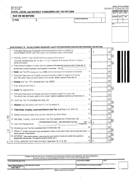 Form Boe-401-E - State,local And District Consumer Use Tax Return Printable pdf