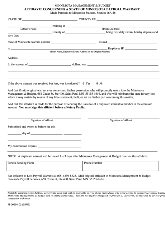 Form Fi-00604-03 - Affidavit Concerning A State Of Minnesota Payroll Warrant - Minnesota Management & Budget Printable pdf