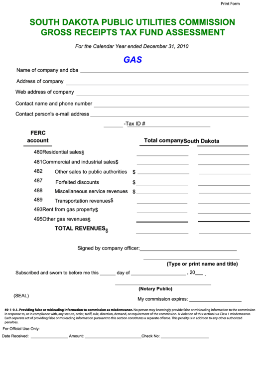 Fillable Gross Receipts Tax Fund Assessment Form December 2010 Printable pdf