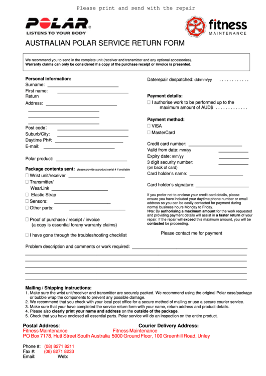 Fillable Australian Polar Service Return Form Printable pdf