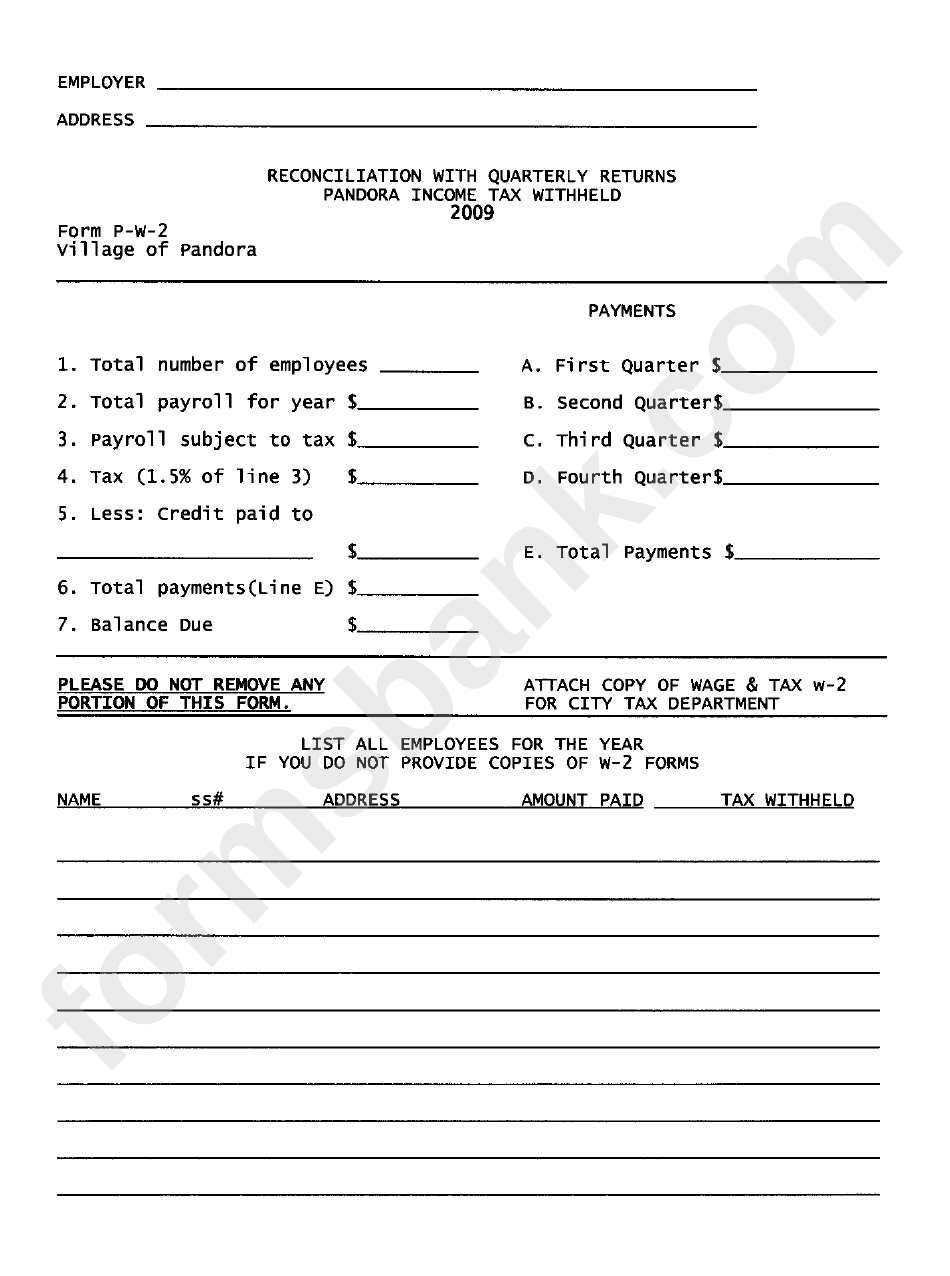 Form P W 2 Reconciliation With Quartely Returns Pandore Income Tax
