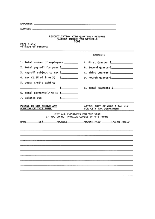Form P-W-2 - Reconciliation With Quartely Returns Pandore Income Tax Withheld - 2009 Printable pdf