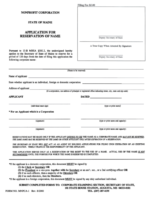 Form Mnpca-1 - Application For Reservation Of Name Printable pdf