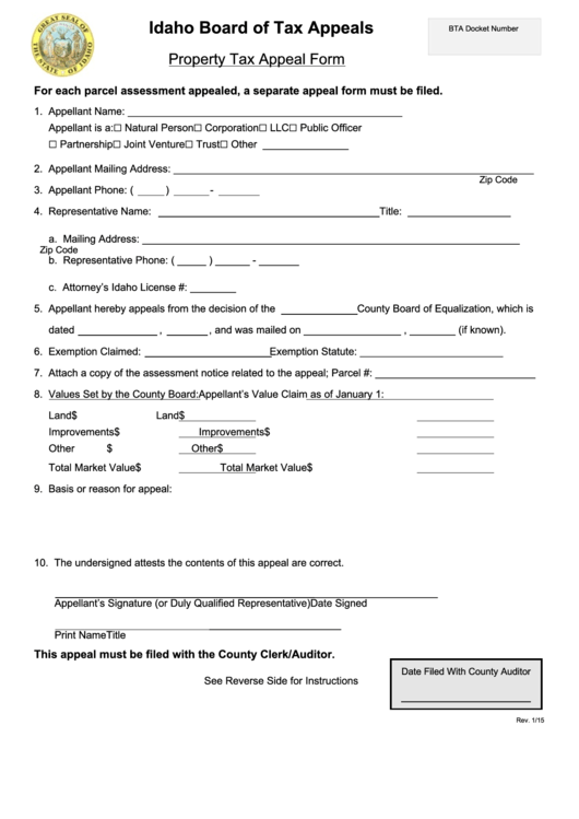 Fillable Property Tax Appeal Form - Idaho Board Of Tax Appeals Printable pdf