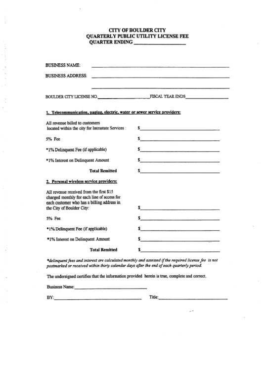 Quarterly Public Utility License Fee Form Printable pdf