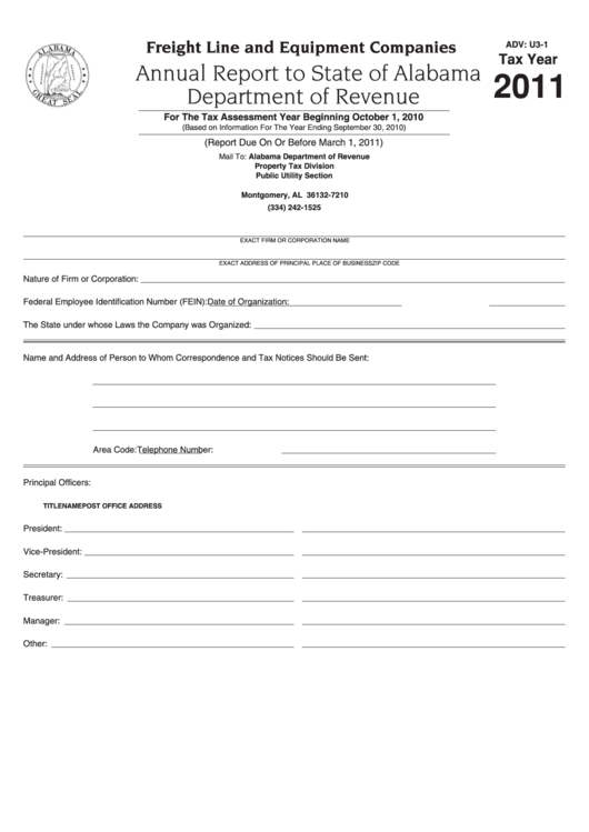 Form Adv: U3-1 - Annual Report To State Of Alabama Department Of Revenue - 2011 Printable pdf