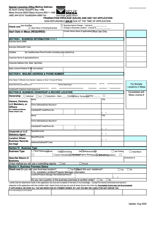 Transaction Privilege (Sales) And Use Tax Application - City Of Mesa 2005 Printable pdf
