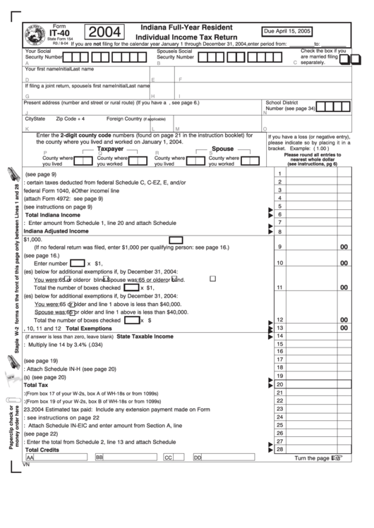 Form It-40 - Indiana Full-Year Resident Individual Income Tax Return - 2004 Printable pdf