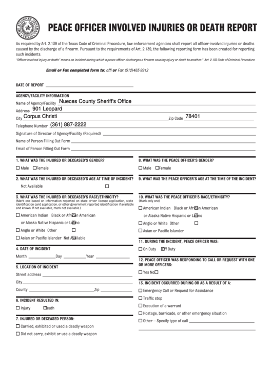 Peace Officer Involved Injuries Or Death Report Form - The Attorney General Texas Printable pdf
