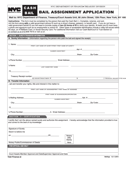 Cash Bail - Bail Assignment Application Form Printable pdf