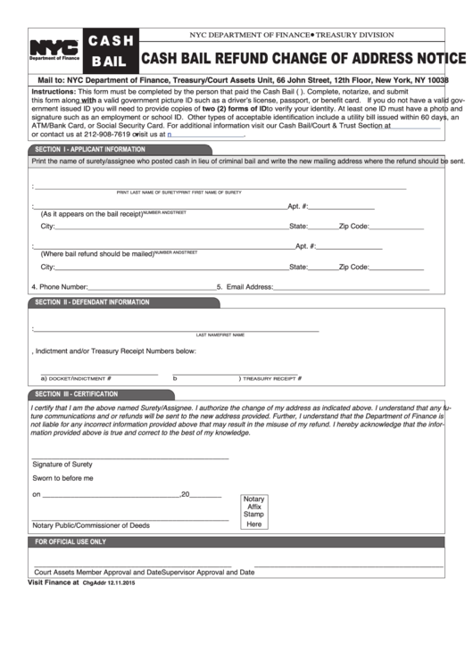 Cash Bail - Refund Change Of Address Notice Form Printable pdf