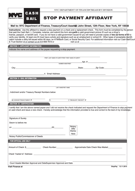 Cash Bail - Stop Payment Affidavit Form Printable pdf